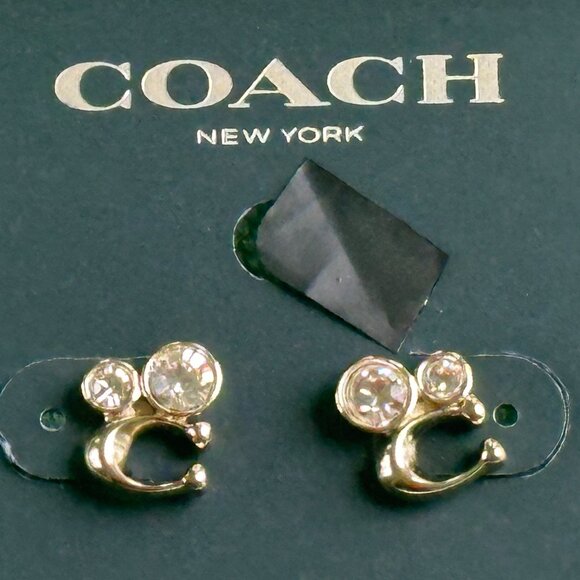 COACH SIGNATURE "C" CRYSTAL STUD EARRINGS:NWT GOLD/CLEAR C9450 - Picture 5 of 10